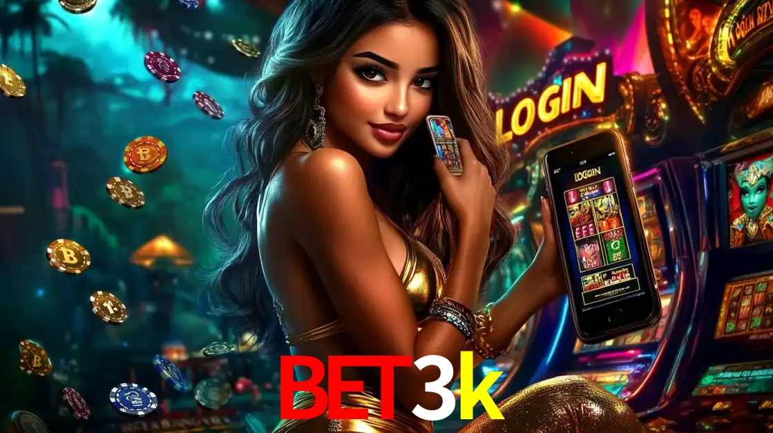 Mulher em um cenário de cassino temático de aventura, mostrando o app de caça-níqueis da bet3k no celular. Fichas de apostas flutuam ao redor.