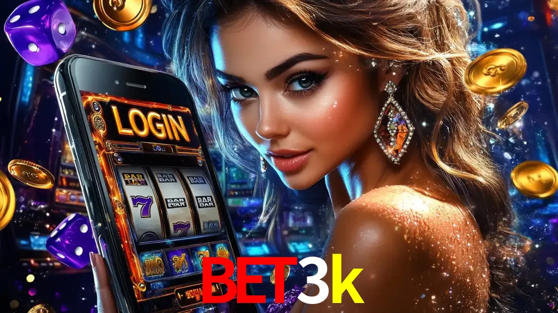 Mulher glamorosa segurando um smartphone com a tela de login para os jogos de caça-níqueis do cassino online bet3k, com moedas de ouro e dados ao redor.