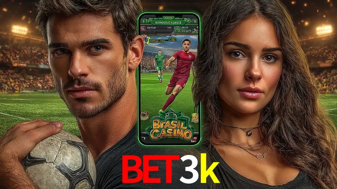 Homem segurando uma bola de futebol e uma mulher ao lado de um smartphone exibindo o jogo de apostas esportivas da bet3k. Faça seu palpite no cassino online.